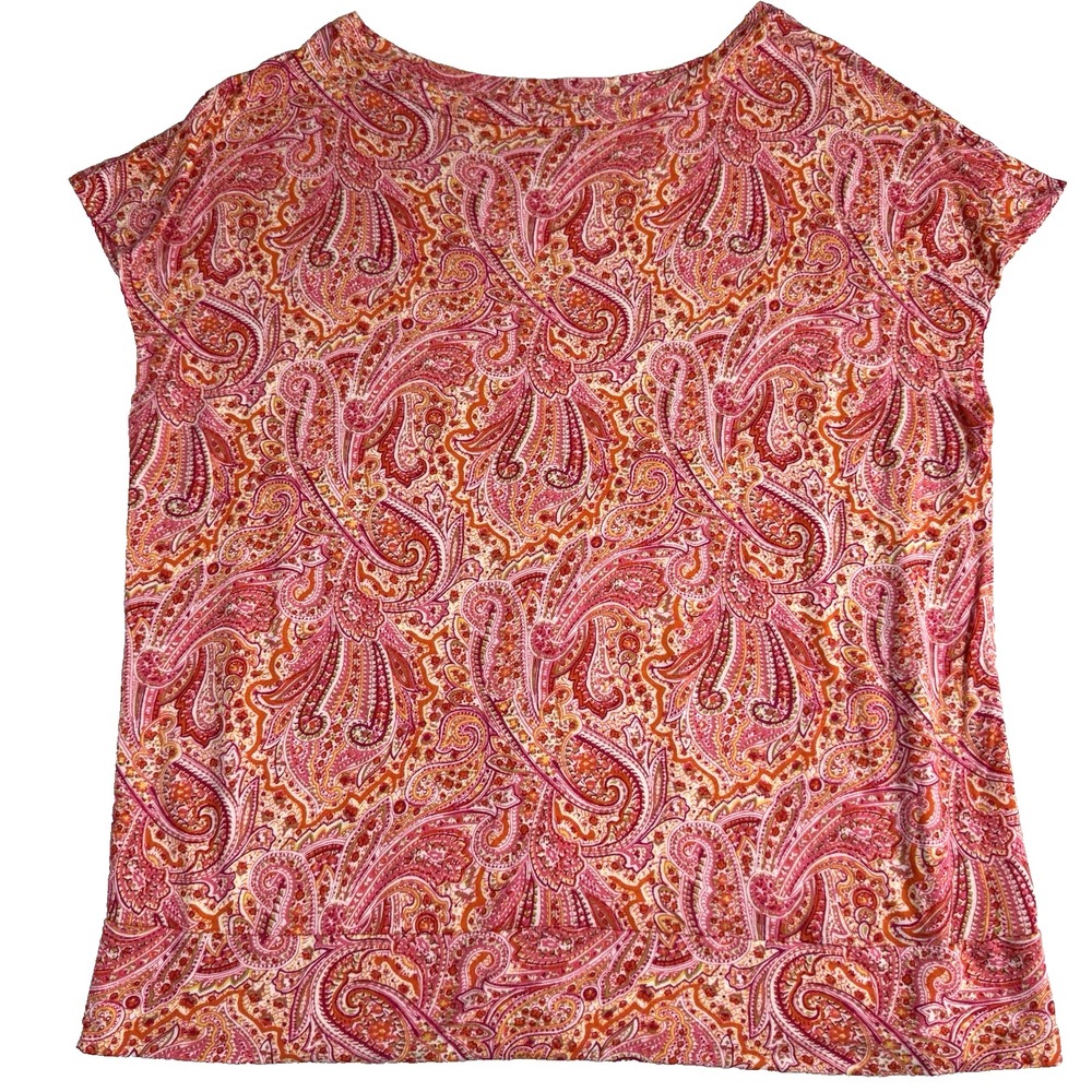 Talbots Knit Top Tee Women's 2X Pink Orange Paisley Stretch‎ Cap Sleeve Band Hem